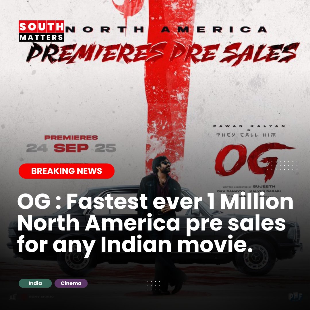 #TheyCallHimOG : Fastest ever $1 Million in North America pre-sales for any Indian movie! 

History made. Records shattered. The global hype is REAL.

#OGFastest1MPreSales