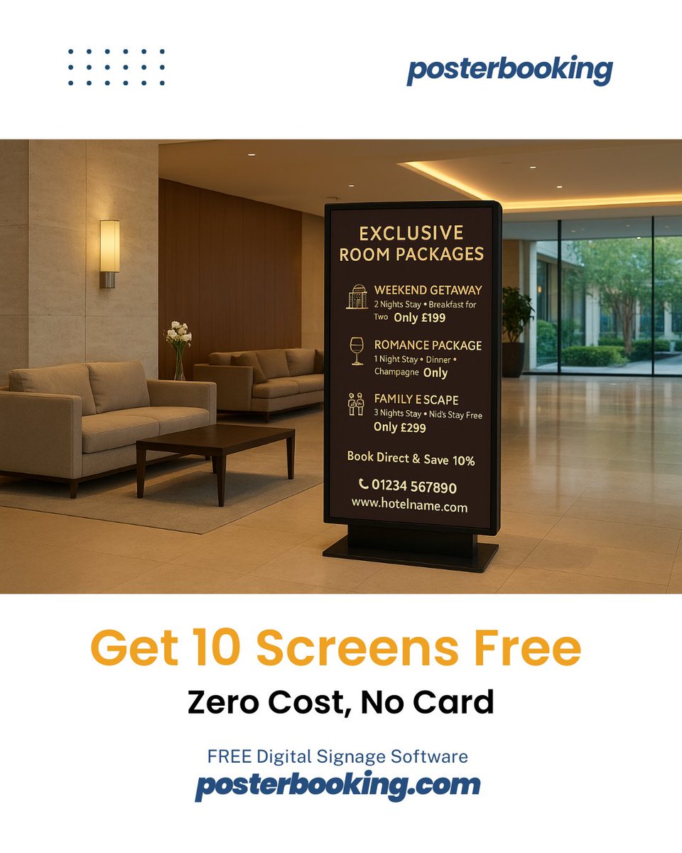 🏨 Transform Your Hotel Lobby with Digital Signage ✨

Bring your hotel to life with FREE Digital Signage Software.

📲 Visit posterbooking.com and start today!

#HotelMarketing #HospitalityIndustry #HotelBusiness #HotelManagement #HotelLife #HotelDesign
#DigitalSignage