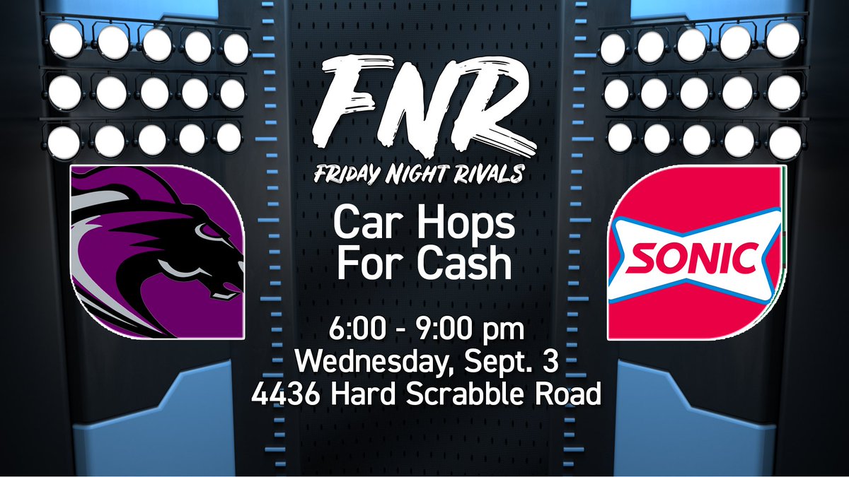 🚗🍔 Friday Night Rivals are here! 

Join us for Car Hops for Cash this Wednesday, September 3, from 6–9pm at Sonic on Hard Scrabble Rd. 🎉 Support the Blazers while grabbing your favorite Sonic treats! 🔥💜🩶 #GoBlazers #FridayNightRivals