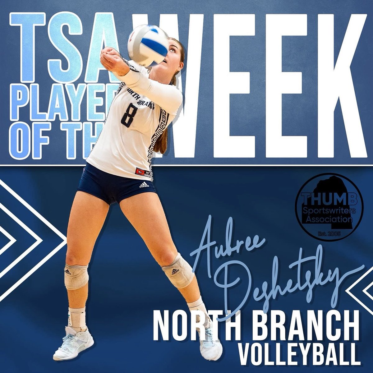 In their season-opening tournament, North Branch Volleyball’s Aubree Deshetsky set a program record for aces in a match with 12. The feat came against Okemos.

For her accomplishments, she is named the TSA's Female Player of the Week.
