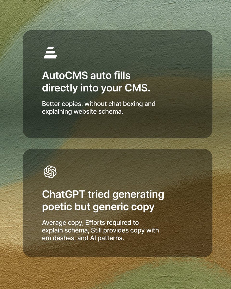 pranjal_mishraa's tweet image. We did a quick content battle with @tryAutoCMS vs. ChatGPT for website copy generation, The results are mind blowing.
ChatGPT without understanding much context, went poetic, left most of the nuances uploaded in the spec sheet.
We further spent minutes chatboxing with tool just…