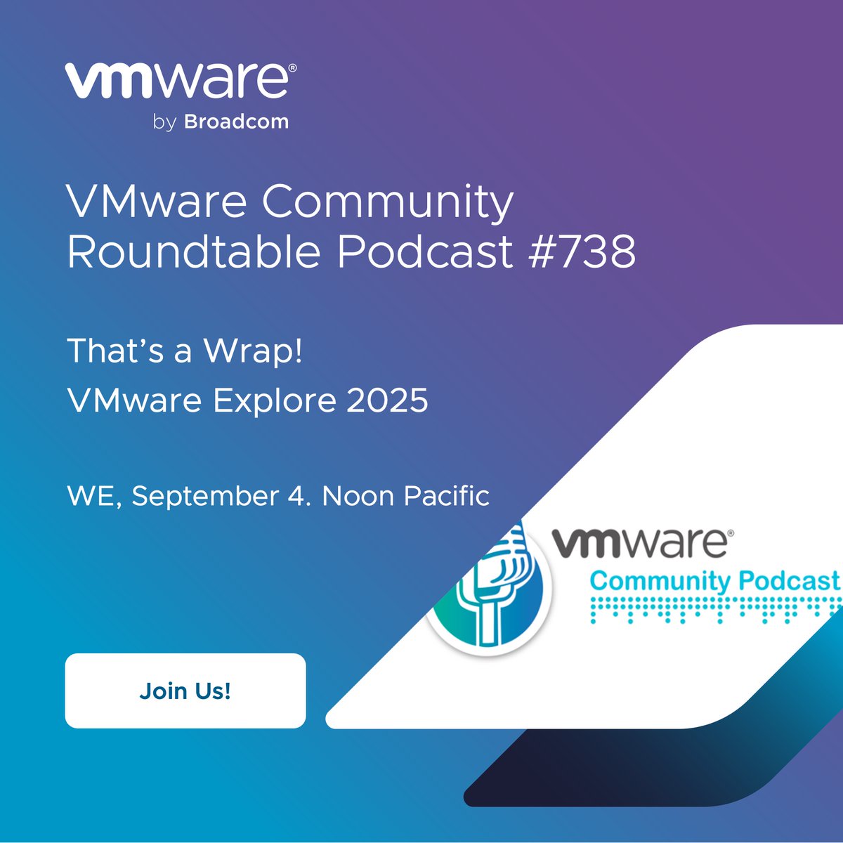 VMwareCommunity's tweet image. 🎙️Join the CMTY Roundtable Podcast today at NOON Pacific for a complete rundown of VMware Explore! 

From the Hackathon to our featured #vExperts, the {code} labs to Meetups, product news &amp;amp; more. 

⏰ Tune in: brcm.tech/4njUJS9
@ericnipro @plankers @vCommunityGuy