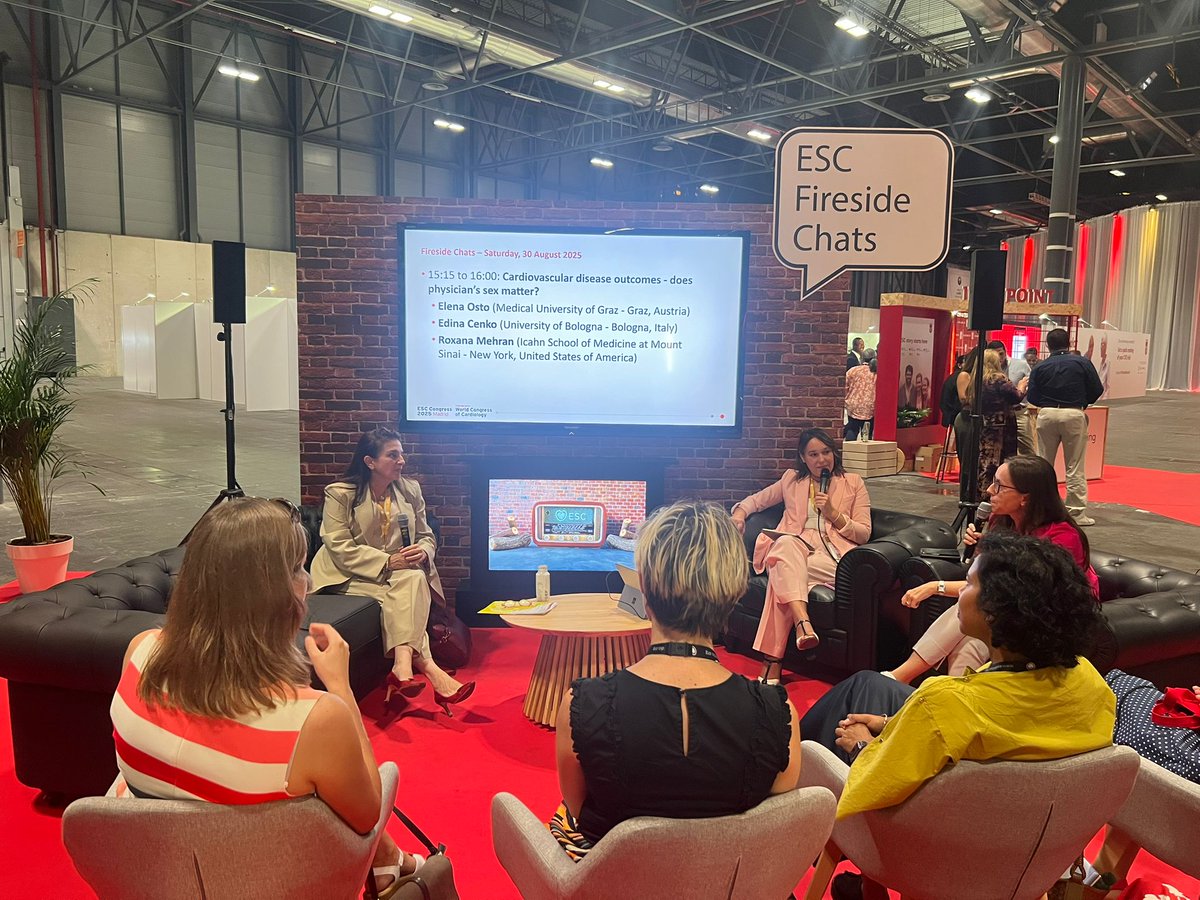 ESC WG on CPM Chairperson (@wgcpmchair) on Twitter photo Fireside Chat at #ESCCongress2025 w/ <a href="/Drroxmehran/">Dr Roxana Mehran</a> <a href="/EdinaCenko/">Edina Cenko</a> <a href="/WGCPMChair/">ESC WG on CPM Chairperson</a> & <a href="/eosto1/">eosto</a> <a href="/ESCWGAVBChair/">ESC WG on Atherosclerosis & Vascular Biology Chair</a>: Does physician sex matter for CVD outcomes?
Takeaway: sex-aware research, inclusive training & updated guidelines
Equity shapes science, care & outcomes. Let’s act!
<a href="/escardio/">European Society of Cardiology</a> Fireside Chat at #ESCCongress2025 w/ <a href="/Drroxmehran/">Dr Roxana Mehran</a> <a href="/EdinaCenko/">Edina Cenko</a> <a href="/WGCPMChair/">ESC WG on CPM Chairperson</a> & <a href="/eosto1/">eosto</a> <a href="/ESCWGAVBChair/">ESC WG on Atherosclerosis & Vascular Biology Chair</a>: Does physician sex matter for CVD outcomes?
Takeaway: sex-aware research, inclusive training & updated guidelines
Equity shapes science, care & outcomes. Let’s act!
<a href="/escardio/">European Society of Cardiology</a>