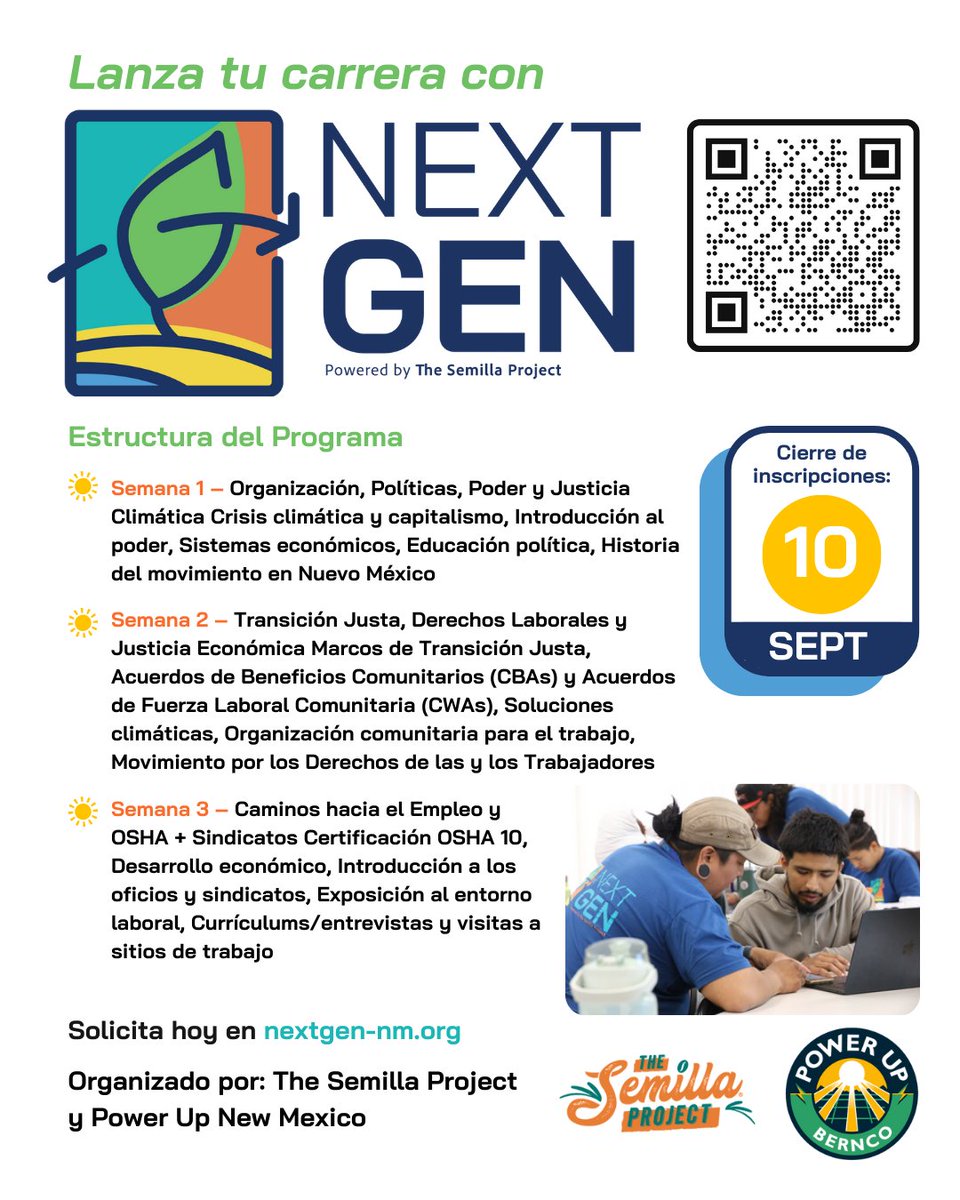 Únete a NextGen: Union Trades &amp; Just Transition Workforce Track, un programa nocturno pagado de 3 semanas para jóvenes de 18 a 27 años de comunidades trabajadoras y comunidades de color.

nextgen-nm.org/application-en/

#nextgennm