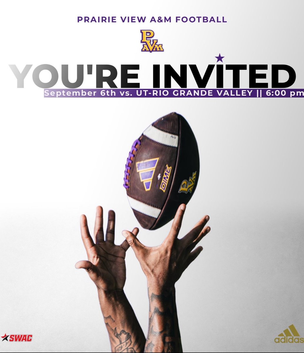 YOU’RE INVITED‼️

Excited to host all recruits at our home opener this weekend!! 🏈💜 #WTW

DM for Invite 

#DOG