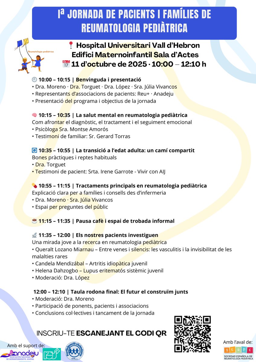 Mireia López Corbeto, MD PhD (@mcorbeto) on Twitter photo ✨ El 11 de octubre celebramos la Iª Jornada de Pacientes y Familias de Reumatología Pediátrica en <a href="/vallhebron/">Vall d'Hebron</a>.
Un espacio para compartir, aprender y construir juntos 💙
📍 HVH Maternoinfantil – Sala de Actos (planta 0)
🕙 10:00–12:10 h
🔗 Inscripción: valldhebron.typeform.com/to/VK2F2Nmm ✨ El 11 de octubre celebramos la Iª Jornada de Pacientes y Familias de Reumatología Pediátrica en <a href="/vallhebron/">Vall d'Hebron</a>.
Un espacio para compartir, aprender y construir juntos 💙
📍 HVH Maternoinfantil – Sala de Actos (planta 0)
🕙 10:00–12:10 h
🔗 Inscripción: valldhebron.typeform.com/to/VK2F2Nmm