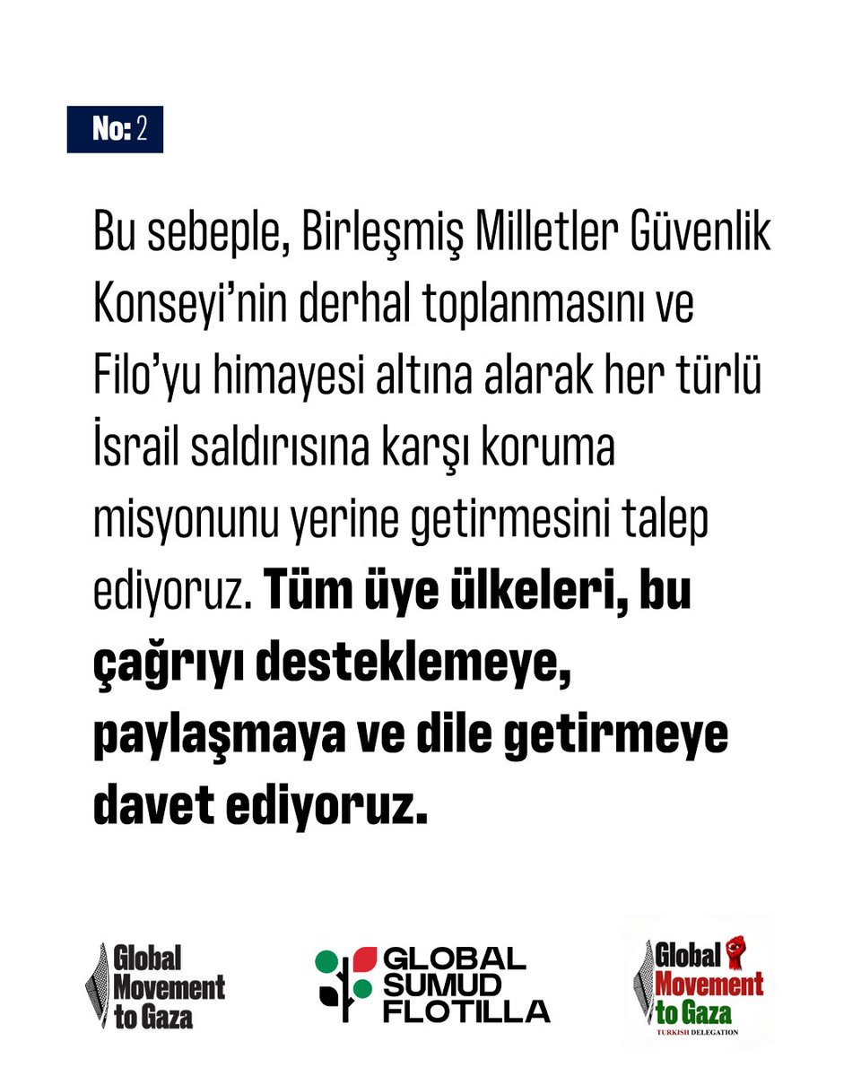 sumudanatolia's tweet photo. İsrail’den Gelen Açıklamalar Filo’ya Sert Müdahale Yapma Niyetinde Olduklarını Ortaya Koymaktadır. 

Tüm üye ülkeleri bu çağrıyı desteklemeye davet ediyoruz!

#GlobalMovementToGaza
#GlobalSumudFlotilla #BreakTheSiege
#SailToGaza #FreePalestine https://t.co/WpyMV0YX1x