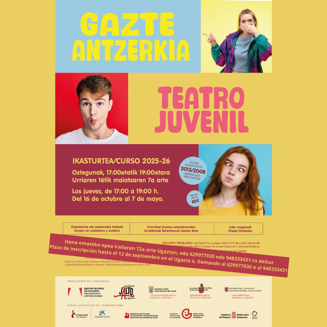 [EUS] 📷 GAZTE ANTZERKI TAILERRA 📷
2008 eta 2013 bitartean jaiotakoentzat
📷 Taldeak euskaraz eta gaztelaniaz.
huarte.es/.../gazte-antz…
[CAST] 📷TALLER DE TEATRO JUVENIL📷
Para nacidos/as entre 2008 y 2013
📷 Grupos en euskera y castellano.
huarte.es/.../taller-de-…