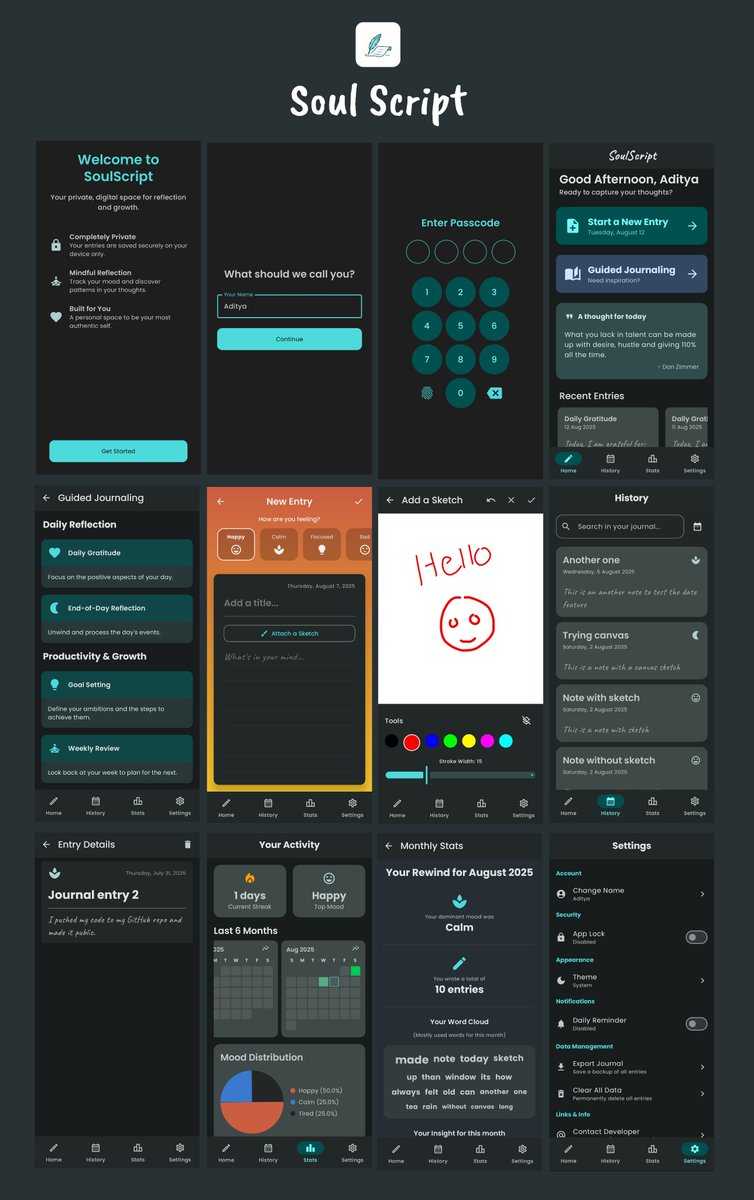 soulscriptdev's tweet image. Soul Script
A completely free, offline-first journaling app designed to be your private space to reflect and grow ❤️

Checkout the UI and the features in the images attached👍

Try the app:
github.com/adityasood04/S…

Source code:
github.com/adityasood04/S…

Give it a star on Github⭐