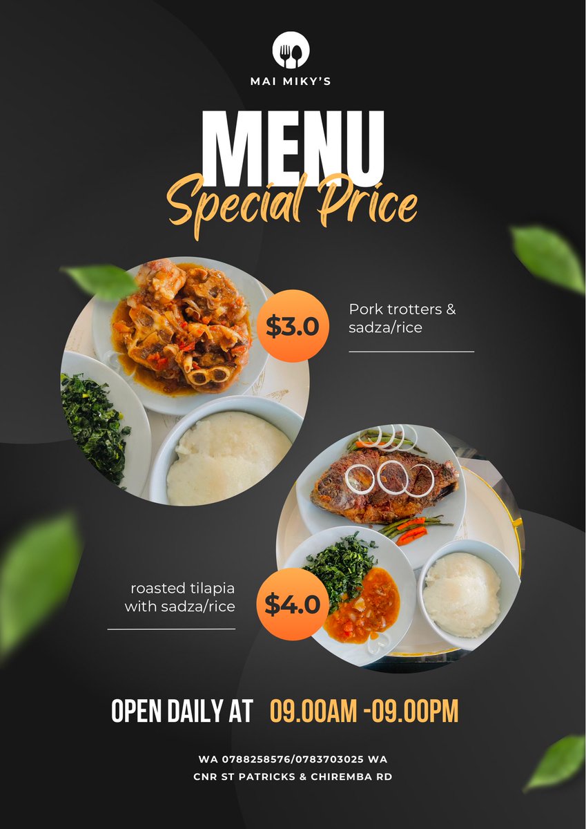 Maswera sei?Please Rt 🙏
Guys make me your lunch plug ,delivery in town cbd from 12.30pm .If interested please place your orders on 0788258576/0783703025 .
Sadza/rice with fish
Sadza/rice with trotters
Sadza with gango
Sadza and beef stew