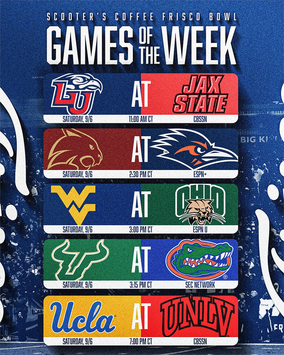 FriscoBowlGame's tweet photo. Week 2️⃣ Games of the Week‼️
Who you got? Pick your winners below!
#FriscoBowl | #GamesOfTheWeek https://t.co/1mj1QdkMQU