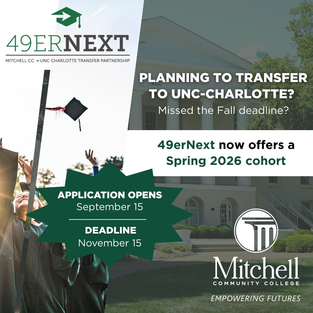 Mitchell's 49erNext program offers a cost-effective way to complete your general education courses while benefiting from collaborative student support, financial savings, and a clear transfer plan—all designed to help you succeed.

mitchellcc.edu/49er-next