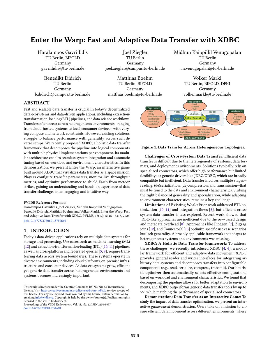 Vol:18 No:12 → Enter the Warp: Fast and Adaptive Data Transfer with XDBC vldb.org/pvldb/vol18/p5…