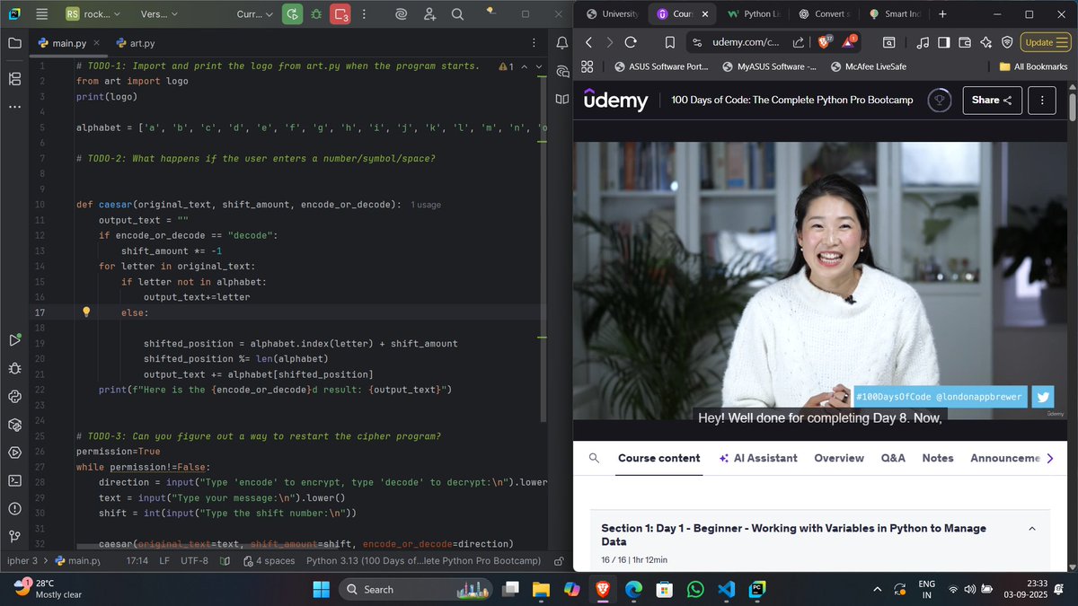 anjaliyadavv064's tweet image. Day 7 &amp;amp; Day 8 of #100DaysOfCode 🚀  

✅ Python with @yu_angela:  
- Built Hangman using loops &amp;amp; string manipulation  
- Built Caesar Cipher learning function parameters  

✅ DSA with @lovebabbar3:  
- Practiced pattern printing problems 
#DSA #buildinpublic #python #CodeNewbie