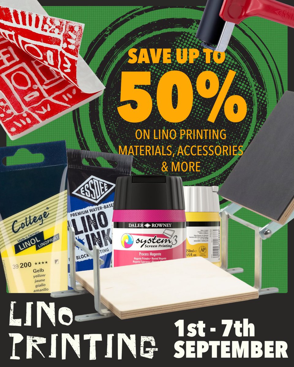 cowlingwilcox's tweet image. Until Sunday 7th, save up to HALF PRICE across a selection of Lino materials from Essdee, ABIG, Daler-Rowney &amp;amp; others in our Lino Printing Sale!

To take advantage of these incredible savings, just follow the link in our bio!

#linoprinting #printmaking #sale #cowlingandwilcox