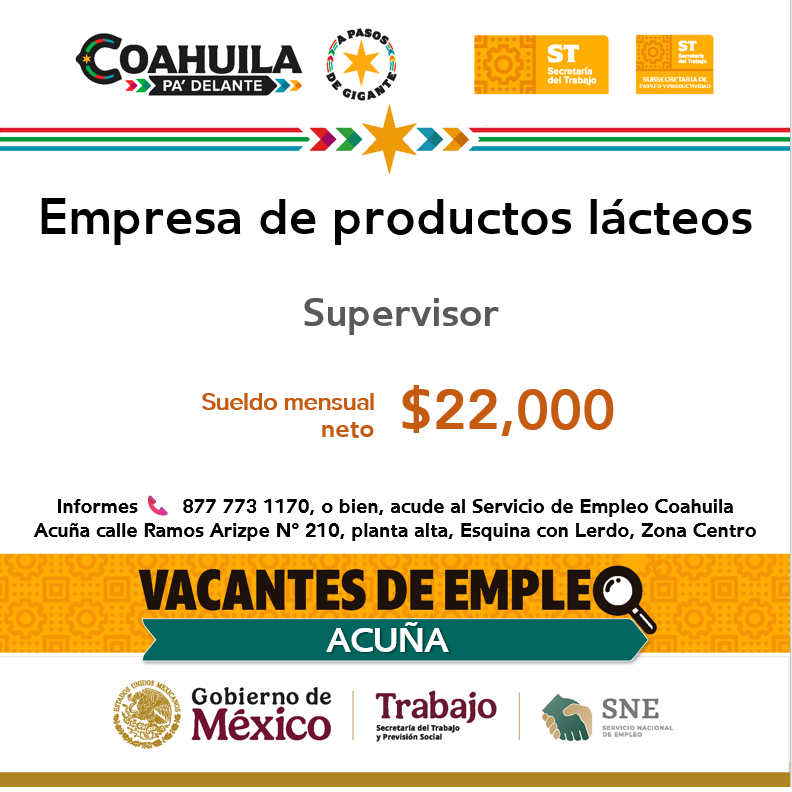 📢Vacante de empleo en #RegiónNorte  💼🔎 
#Acuña
📌 Servicio de Empleo Coahuila #Acuña
 📍 Dirección: Ramos Arizpe N° 210 esq. con Lerdo, planta alta, Zona Centro 
 📞 Informes: 877 7731170

Contáctanos hoy mismo.  🙌

#CoahuilaPaDelante #APasosDeGigante #SNEparaTodos