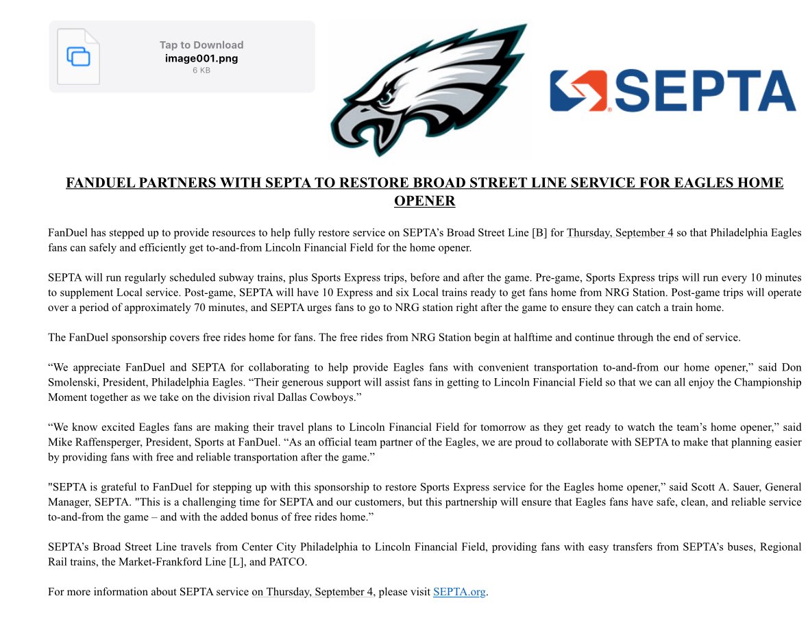 Eagles - Cowboys fans will have extra trains, Thursday! 
FanDuel Partners with SEPTA to Restore Broad Street Line Service for Eagles Home Opener.