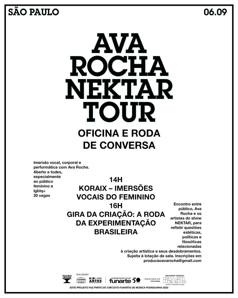 7 de setembro tem Nektar no teatro oficina com abertura de malka Julieta; ingressos populares! E dia 6 imersão e gira gratuitas para os interessados!