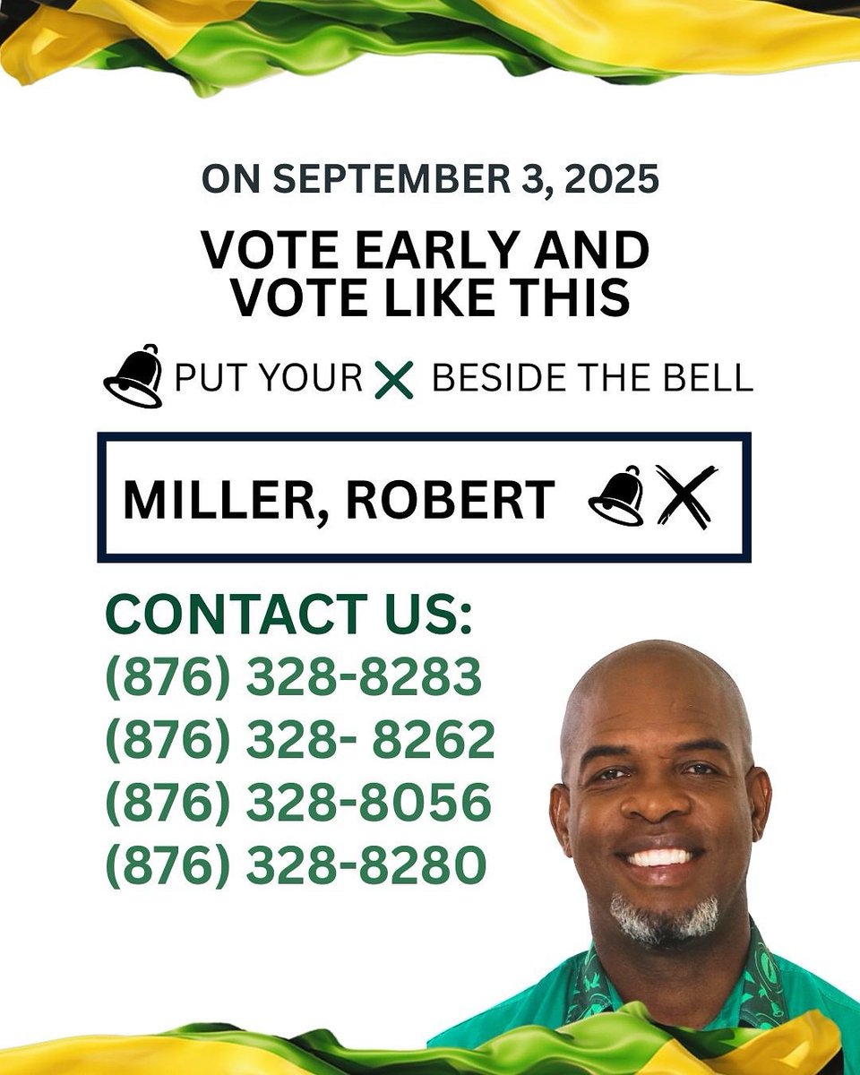 Today is Election Day! ✅ South East St. Catherine, go out early and put your ❎ beside the BELL for Robert Miller. 

Let’s secure the win together! 💚 

#VoteJLP #RobertMiller 
#DoingMoreForYou 
#SouthEastStCatherine