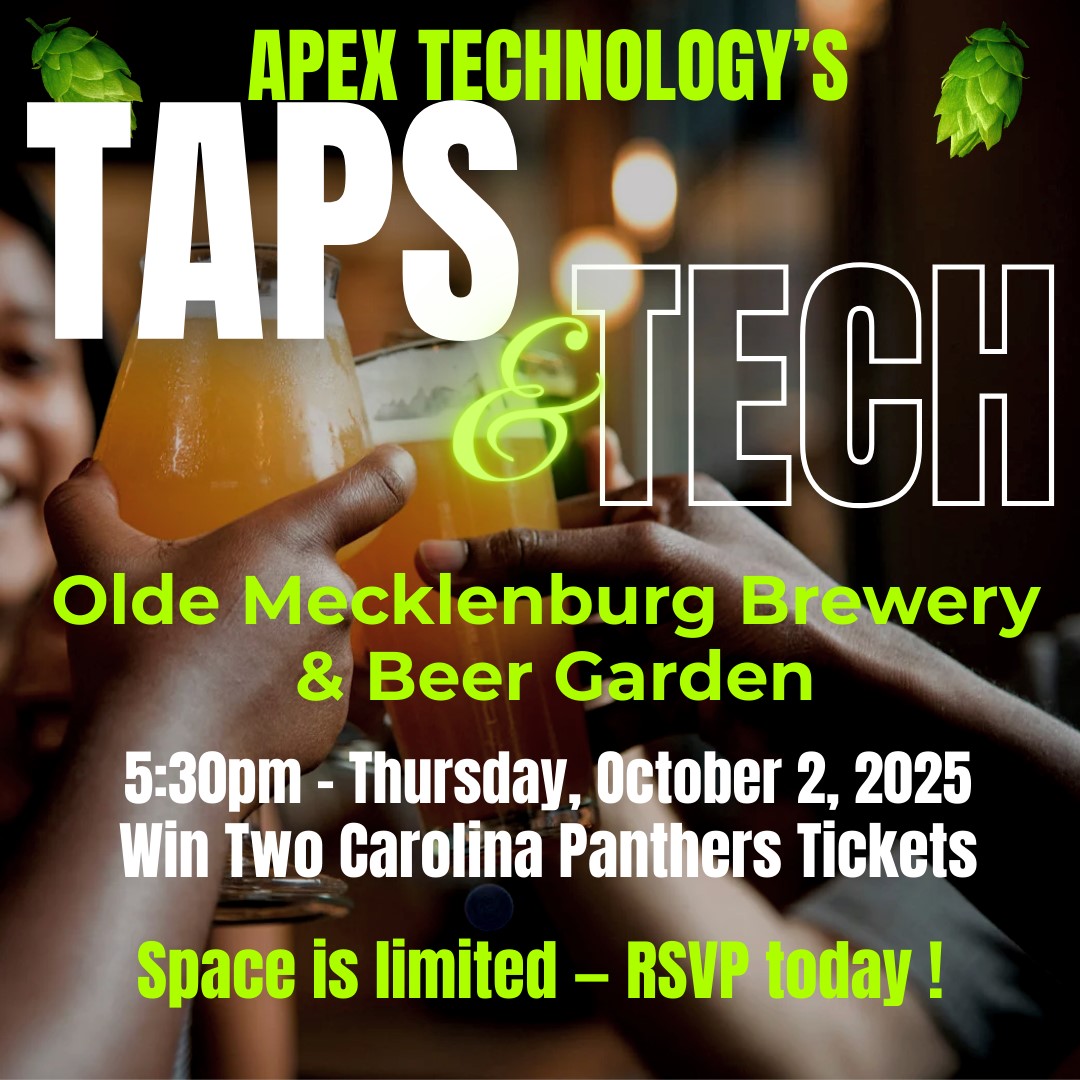 ApexTechCorp's tweet image. Join us for some local beers and snacks at our relaxed after-hours event at Olde Mecklenburg Brewery &amp;amp; Beer Garden Oct 2 at 5:30pm. We&apos;ll be answering questions you may have about 2026 IT planning &amp;amp; giving out some awesome gifts, including two tickets to a Carolina Panthers game!