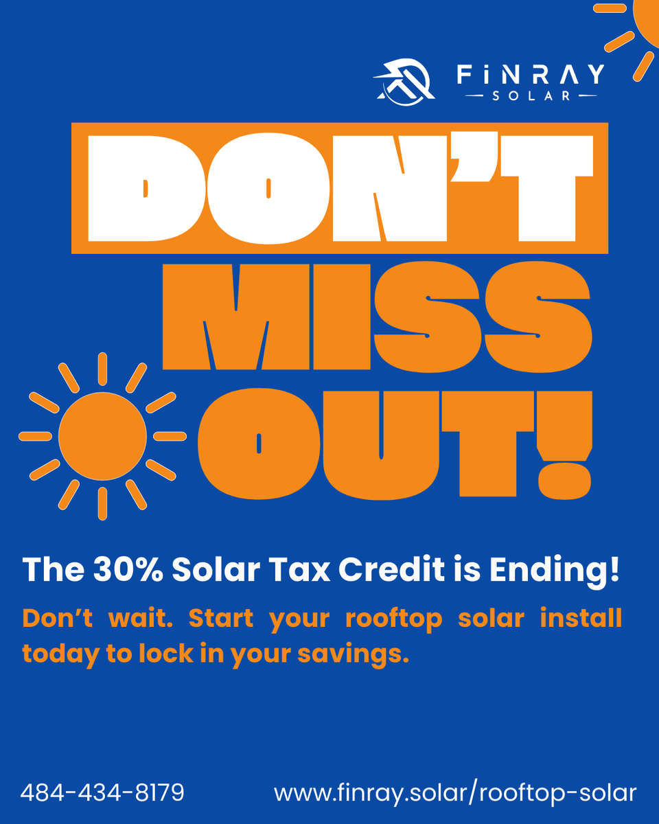 FinraySolar's tweet photo. Curious about rooftop solar? Now is the time to schedule your consultation!
The 30% tax credit is ending in December 2025, meaning rooftop solar systems will be much more expensive to install starting in 2026.

#solarenergy #greenenergy #rooftopsolar #rooftopsolarpanels https://t.co/GQojxhPB2q