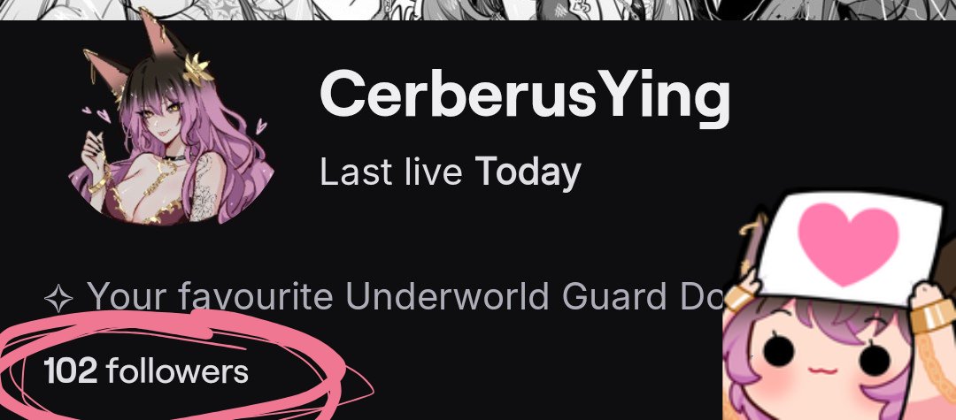 CerberusYing's tweet photo. I know 100 followers on twitch isn't insane numbers wise, but it's been a struggle trying to start over on a second affiliated channel and trying to grow. Especially on a platform with so many amazing vtubers. thank you for sticking with me so far, there's only up from here 🩷 https://t.co/0uahr8tEyu