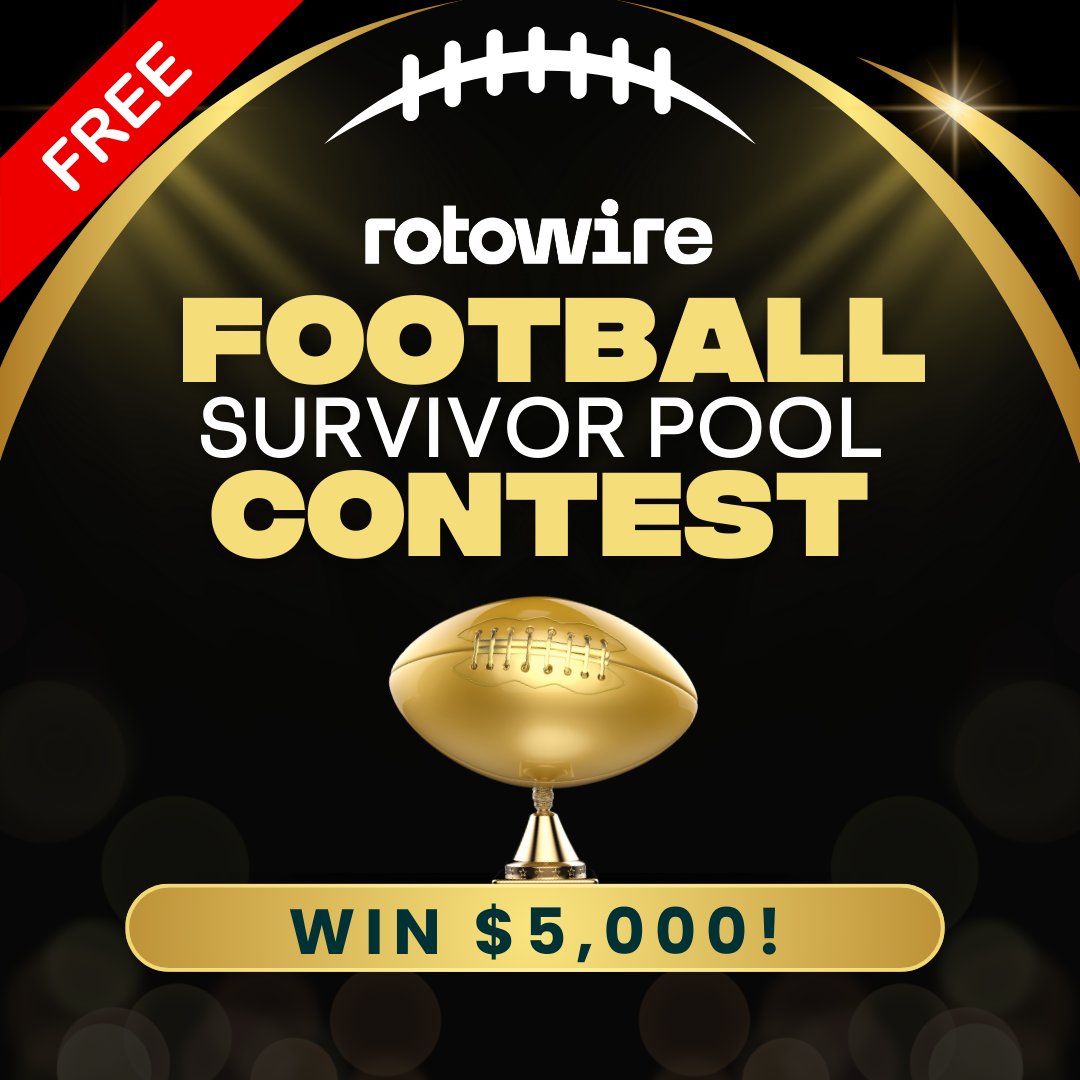 RotoWire's tweet image. There&apos;s still time to join our FREE NFL Survivor Contest on @splashsports_!

🏈 Winner gets $5k + @TrophySmack ring
🏈 We&apos;re donating $1/entry to the Gronk Nation Youth Foundation (up to $5K) @Chrisgronkowski 

SIGN UP: app.splashsports.com/contest/ce293e…