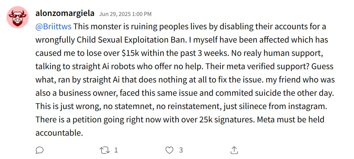 Slayzor's tweet photo. @instagram Can't watch reels, since your faulty AI banned me. Some users can't watch anything at all, since your @AIatMeta drove them to suicide.
https://t.co/bMS8uKGcPG
#FixMeta #PeopleOverPlatforms #MetaDisablingAccounts #MetaBanWave2025 #InstagramBanWave2025 #FacebookBanWave2025 https://t.co/MTSLFadV1b