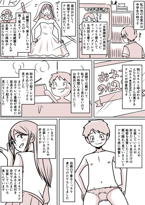 あなたの性の目覚め案件その102 女装男がニュースになっていて目覚める なんかいけないことをしている感覚で 親から隠れてコソコソする少年時代可愛いですね あのこなにしてるのかしらー=͟͟͞͞ (¦3[▓▓]