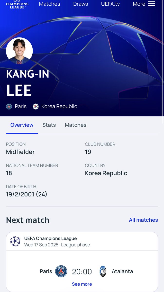 KangInUpdates's tweet image. 🌟 Lee Kang-in has been named in PSG’s 2025/26 UEFA Champions League squad.

📅 First fixture:
Paris 🆚 Atalanta
Wed 17 Sept | 20:00 CET

Big stage. Big moments ahead. 🔵🔴

#PSG #이강인 #UCL #LeeKangIn
