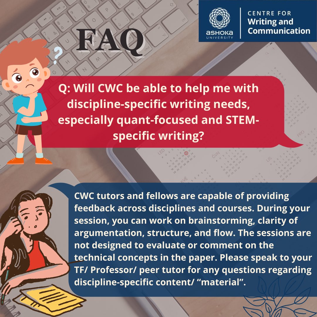 CWC_AshokaUniv's tweet image. Got questions about writing at Ashoka? CWC supports theses, research, STEM &amp;amp; more. Check our FAQs to see how we can help!
#AshokaUniversity #WritingSupport #AcademicWriting #STEMWriting #ResearchHelp #cwcashokauniversity
