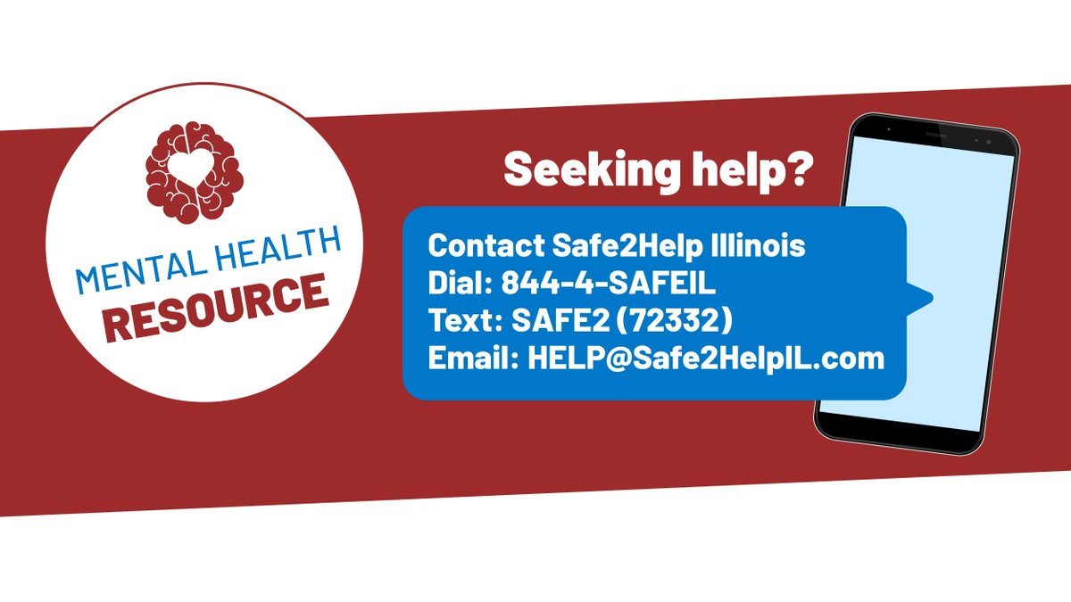 Suicide Prevention Resources
988 Suicide &amp; Crisis Lifeline
TEXT Home to 741741 Crisis TEXT Line
Safe2Help IL:  ☎️: 844-4-SAFEIL   🗨️844-4-SAFEIL   📧: HELP@Safe2HelpIL.com