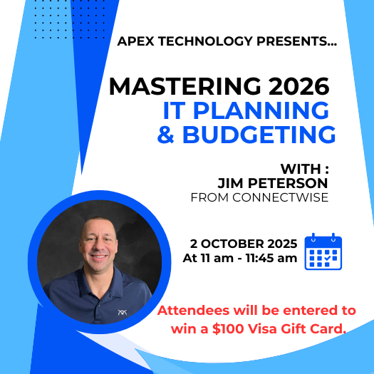 ApexTechCorp's tweet image. Need some help in your IT Planning for 2026? Join our upcoming webinar for some great insight on what to consider to take your business to the next level in 2026. trustapex.com/resources/apex…
