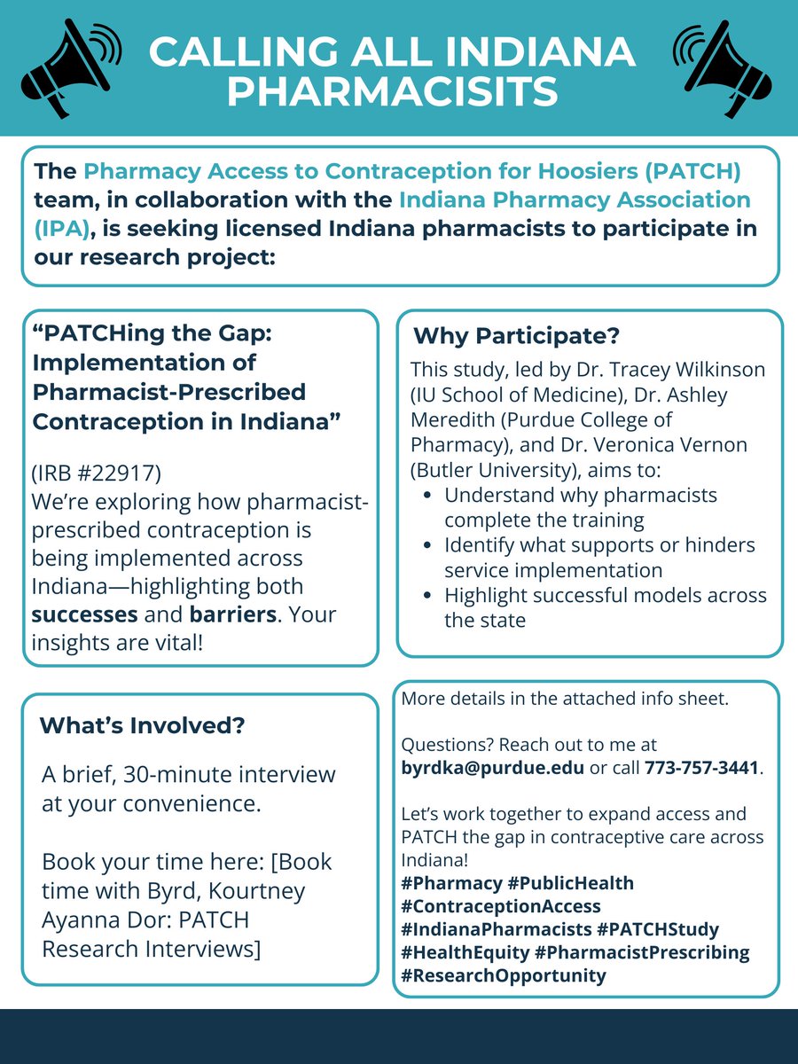 🚨 Calling All Indiana Pharmacists! 🚨
The Pharmacy Access to Contraception for Hoosiers (PATCH) team, in collaboration with the Indiana Pharmacy Association (IPA), is inviting licensed Indiana pharmacists to participate in our research project.