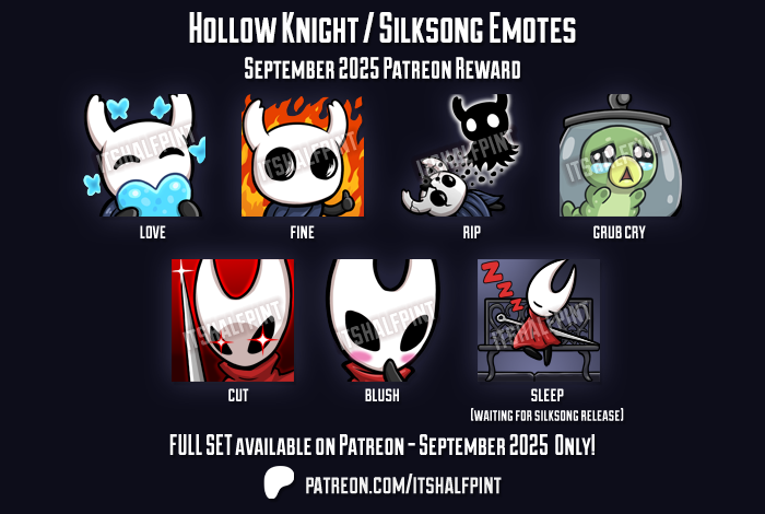🪡 HOLLOW KNIGHT / SILKSONG - September Emote Bundle featuring:
💙Love, 🔥Fine ,👻RIP,  😢Grub cry, 😈Cut,😳Blush, 💤Sleep (waiting for Silksong)

Available on P*treon until end Sept!
Twitch/Discord ready!
Link in comments 

#HollowKnight #Silksong #twitchemotes