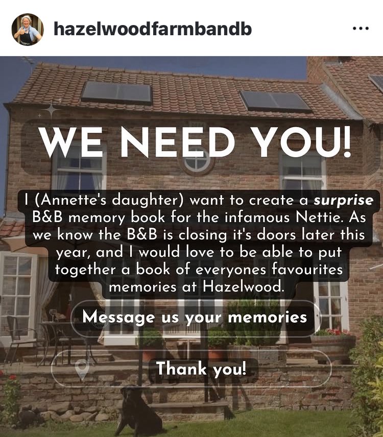 A message from Nettie’s daughter, Moia. 

I am putting together a memory book for my Mum, Nettie. If you have any memories you would like to share about your time at Hazelwood Farm we would love to see them.  I would be really grateful if you could send by DM. Thank you, Moia 🙏🏽
