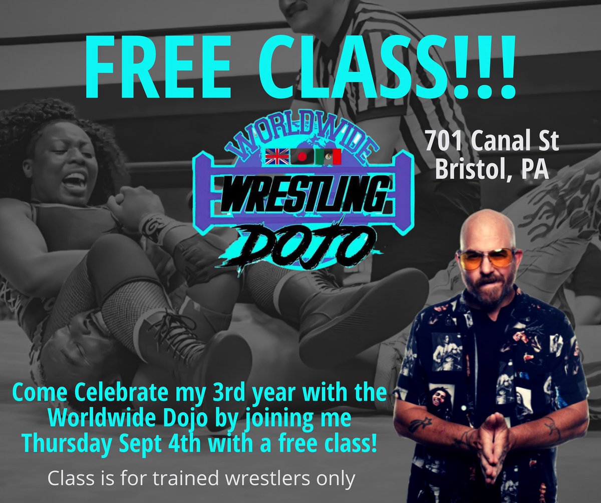 We are hosting a completely free pro wrestling class tomorrow night at the <a href="/WorldwideDojo/">WorldwideDojo</a>!

We are celebrating the 3 year anniversary with Coach Preacher! Preach has been an amazing addition to our training staff! Join us 6-9pm tomorrow night!

Open to any trained wrestlers!