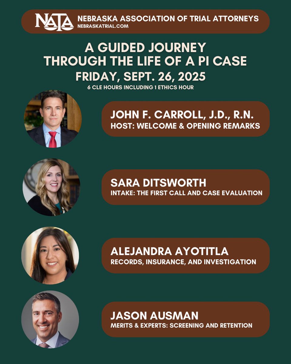NETrialAttys's tweet image. Join us Sept 26th for our CLE Seminar: A Guided Journey Through the Life of a PI Case! We have a fabulous lineup of speakers scheduled. Earn 6 CLE hours including 1 hour of Ethics. Register at NebraskaTrial.com