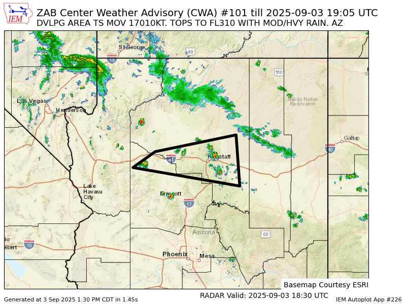ZAB issues CWA 101 till 3 Sep 1905Z ... DVLPG AREA TS MOV 17010KT. TOPS TO FL310 WITH MOD/HVY RAIN. AZ mesonet.agron.iastate.edu/p.php?pid=2025…