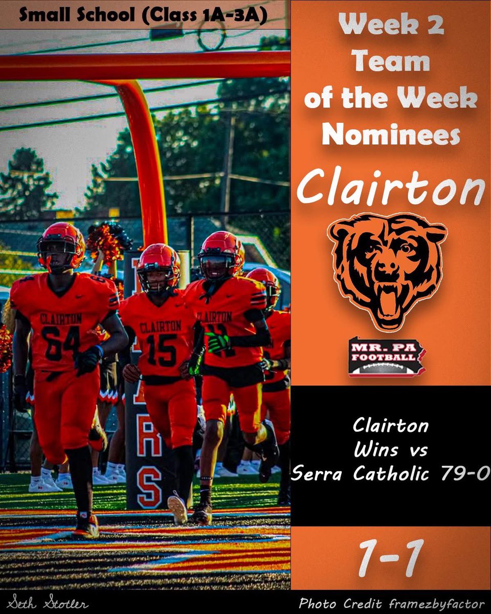 Vote now - Clairton has been selected as a Mr. PA Football Team of the Week nominee
survey.zohopublic.com/zs/Z5CINf
Fan Voting Rules:
The results from each round of fan voting will be posted here on mrpafootball.com.  Fans may vote once per day for each voting category.