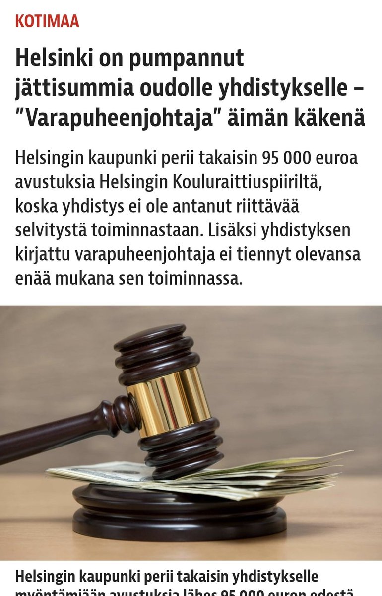 Helsingin "Kouluraittiuspiirille" syydetty 100€k veronmaksajien rahoja. Kenellekään ei ole pälkähtänyt mieleen tarkistaa, mistä putiikista kyse. Kaikki mennyttä, kolmen "suurituloisen" työssäkäyvän koko vuoden verokertymä. Taivaan tuuliin. Isännätön raha on vitsaus.