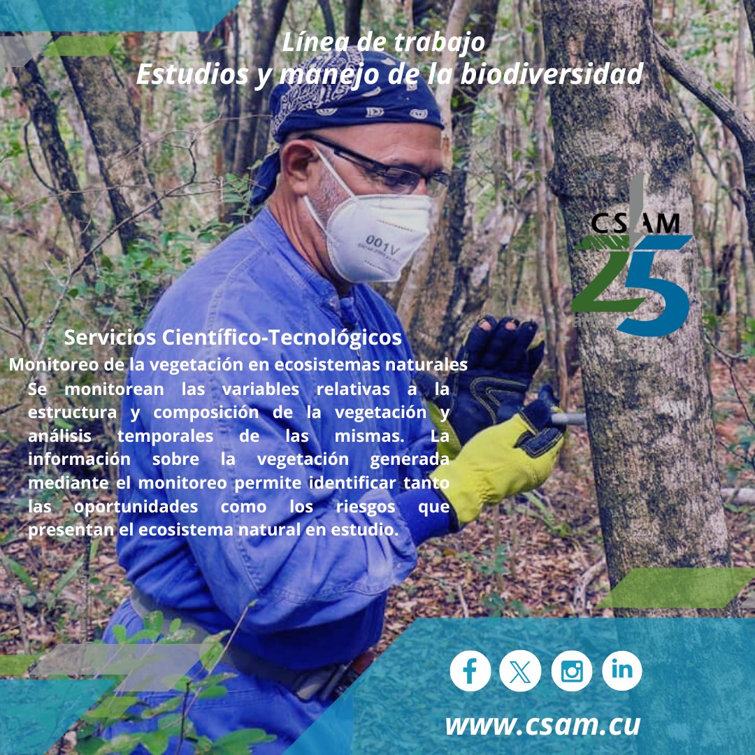 ✅😉Les traemos hoy otro de nuestros servicios científico-tecnológicos: MONITOREO DE VEGETACIÓN EN ECOSISTEMAS NATURALES‼️
.
.
. 
#líneasdetrabajo #ServiciosCientíficoTecnológicos #Cumplimos25 #25deCompromiso #25XlaSostenibilidad #25XlaCalidad #CSAM #AMACuba #CitmaCuba