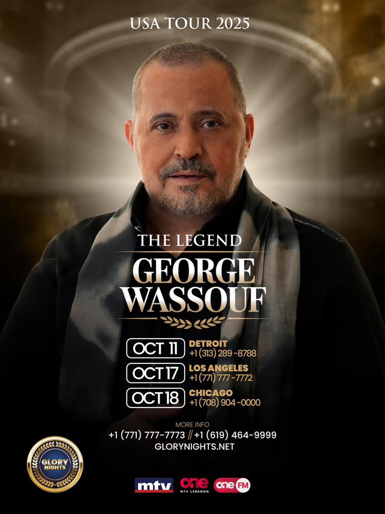 USA Tour 2025 🗓️

Detroit - October 11
Los Angeles - October 17
Chicago - October 18

#جورج_وسوف