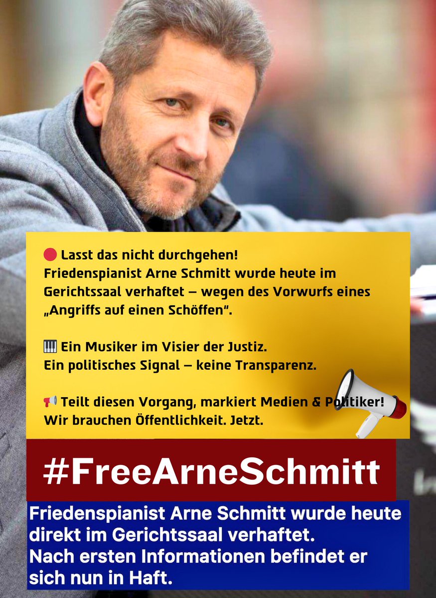Wir fordern die sofortige Freilassung von Arne Schmitt.

Ein Friedenspianist wird während seines Berufungsverfahrens im Gerichtssaal verhaftet – unter Berufung auf einen neuen Haftbefehl wegen angeblichen “Angriffs” auf einen Schöffen. Der Vorfall ist auf Video dokumentiert. Wer