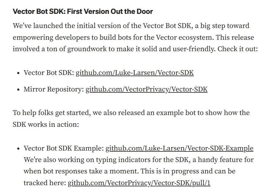 Special thanks to <a href="/PIVX_Labs/">PIVX Labs</a> and Luke Larsen for their contributions to the Vector ecosystem with the latest Vector Bot SDK! Read more in detail in the quoted post below.

Vector Bot SDK:
github.com/VectorPrivacy/…