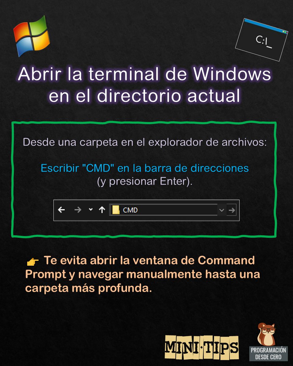 Programacion_0's tweet image. ⚡Mini-tip para abrir rápidamente la CMD de Windows

#informáticos #programadores #programación