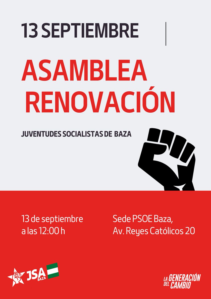 🔴 El sabado 13 de septiembre a las 12:00h celebramos en la sede del @psoebaza nuestra Asamblea de Renovación de JSA Baza.

Renovamos ilusión, compromiso y futuro para la juventud bastetana.