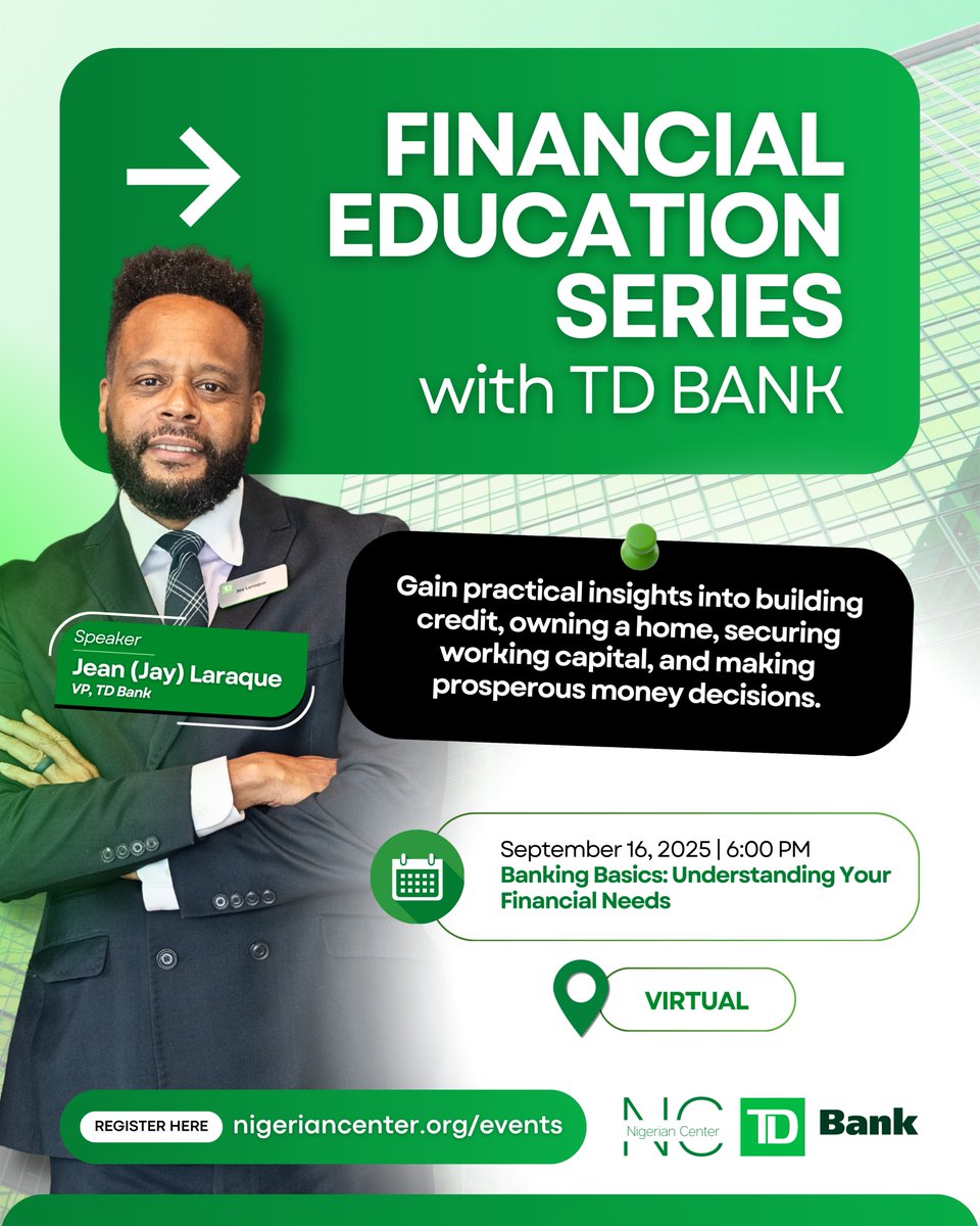 🚨 Update! Our upcoming Financial Education Series with TD Bank has been moved from in-person to virtual 🖥️✨ This means you can conveniently take the class from anywhere!
#financialeducation #nigeriancenter #TDBank #Blackimmigrants #DCevents