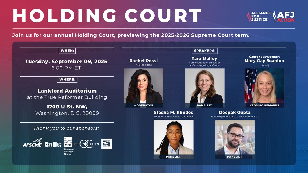 AFJ Action Campaign (@afjaction) on Twitter photo 📢 D.C. area, join AFJ Action & <a href="/AFJustice/">Alliance for Justice</a> on September 9 from 6–8 PM ET for our annual in-person event Holding Court: SCOTUS Term Preview!
We'll discuss the 2025–26 cases that will shape voting rights, transgender rights, campaign finance, & more.
RSVP: secure.everyaction.com/dP0gOmkT6kmiOq… 📢 D.C. area, join AFJ Action & <a href="/AFJustice/">Alliance for Justice</a> on September 9 from 6–8 PM ET for our annual in-person event Holding Court: SCOTUS Term Preview!
We'll discuss the 2025–26 cases that will shape voting rights, transgender rights, campaign finance, & more.
RSVP: secure.everyaction.com/dP0gOmkT6kmiOq…