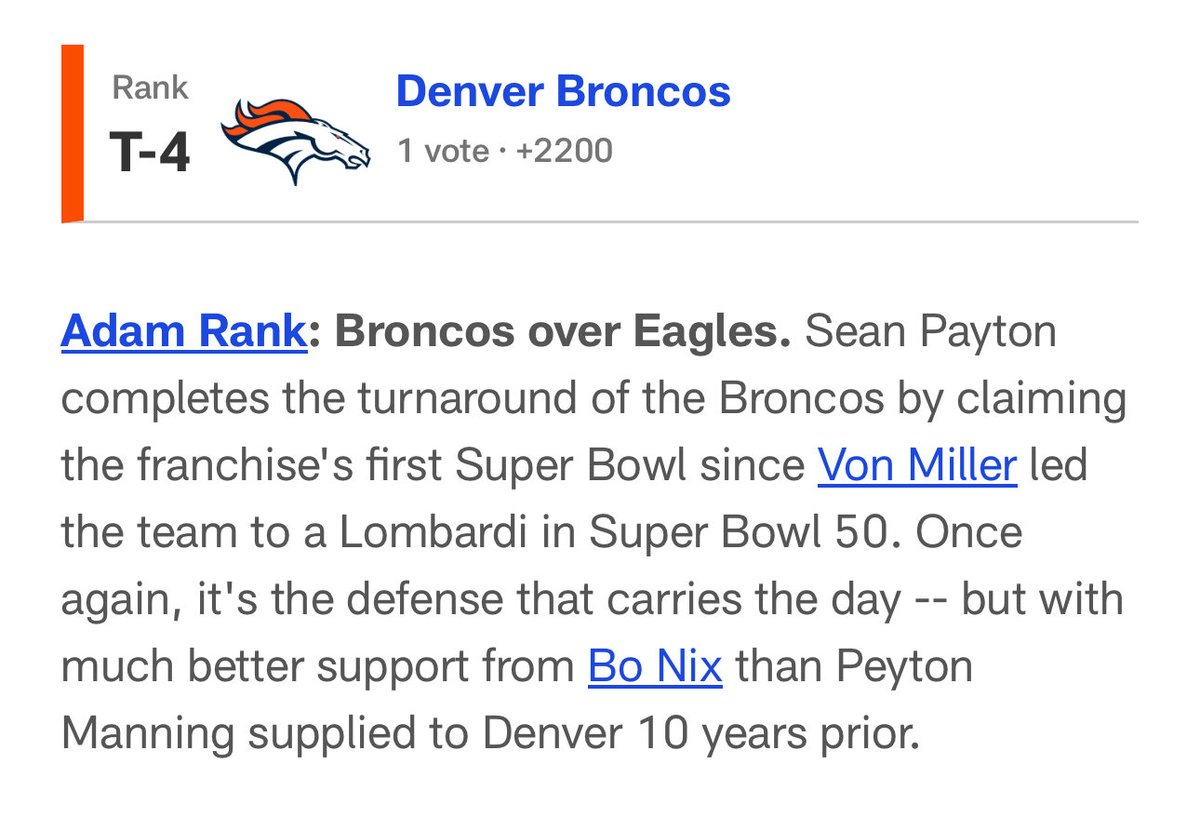 The #Broncos have been picked to win the Super Bowl over the Eagles 👀👀